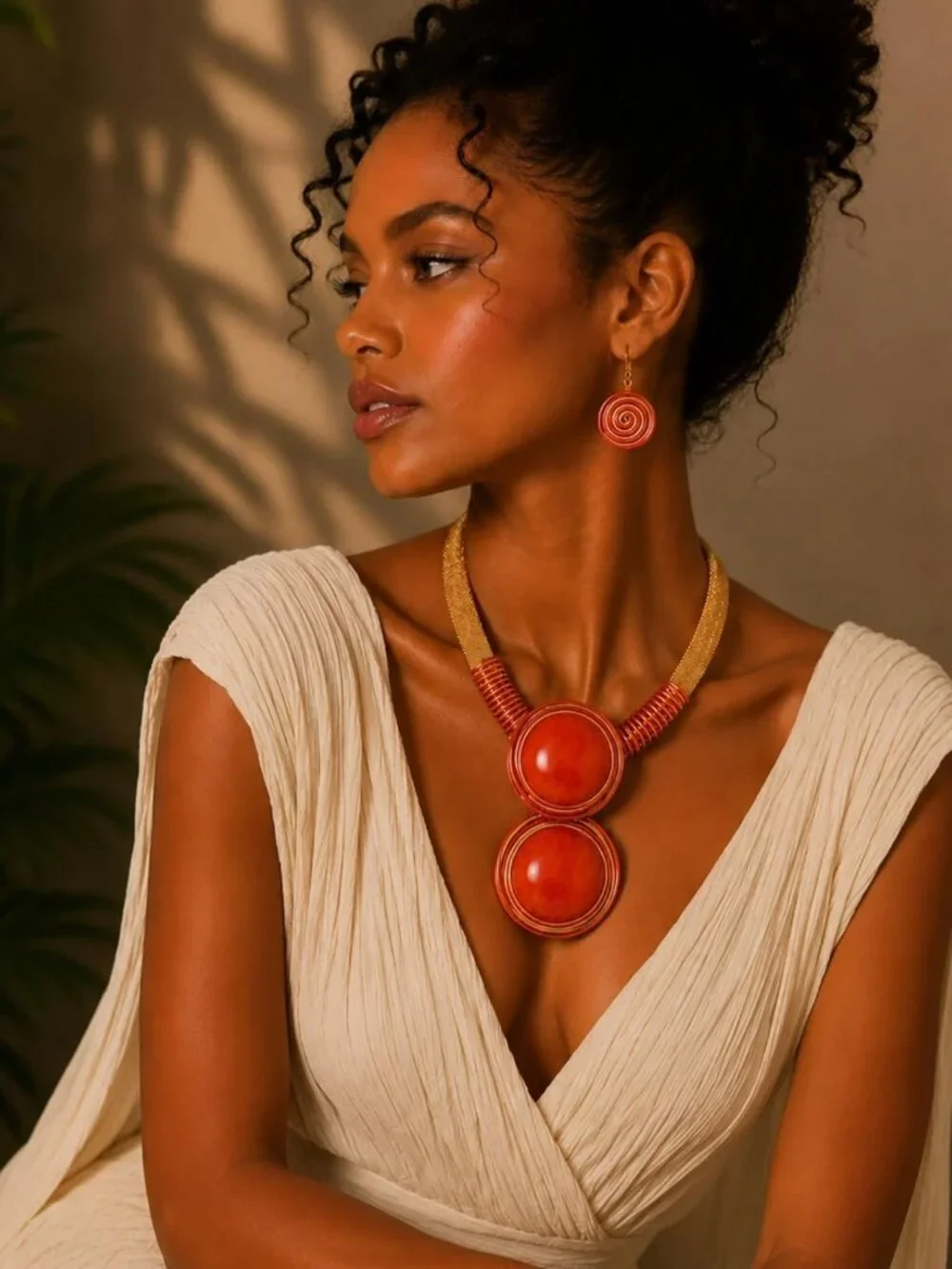 Chunky Gold Mesh Bib Necklace Set with Round Pendant & Spiral Earrings - African